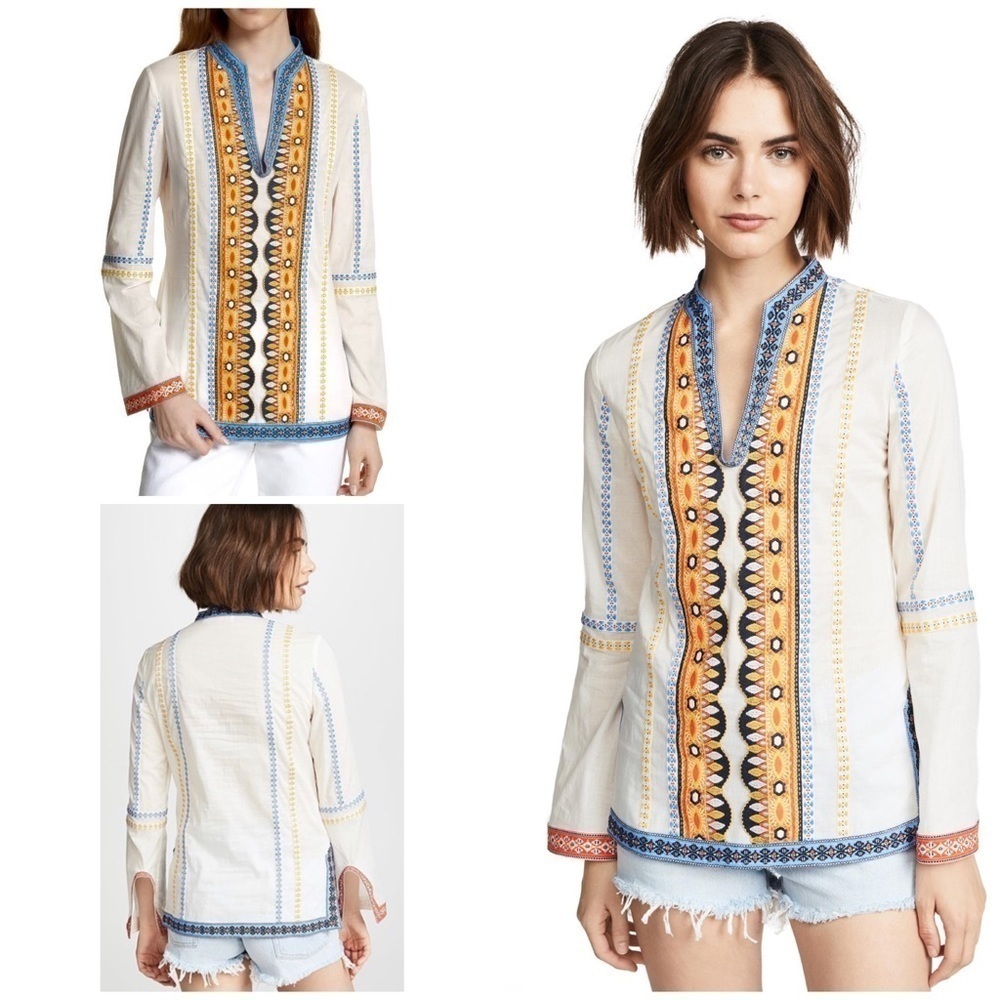 Tory Burch Multicolor Embroidered Stephanie Poplin Tunic V Neck Boho Blouse 2 S 
